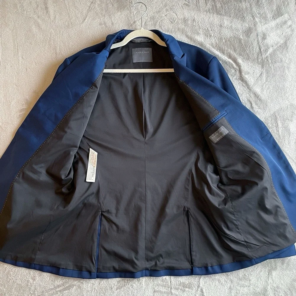 Zara High Sheen Satin Sport Coat EURO Sz 54 Blue Viscose Blazer Jacket US 22